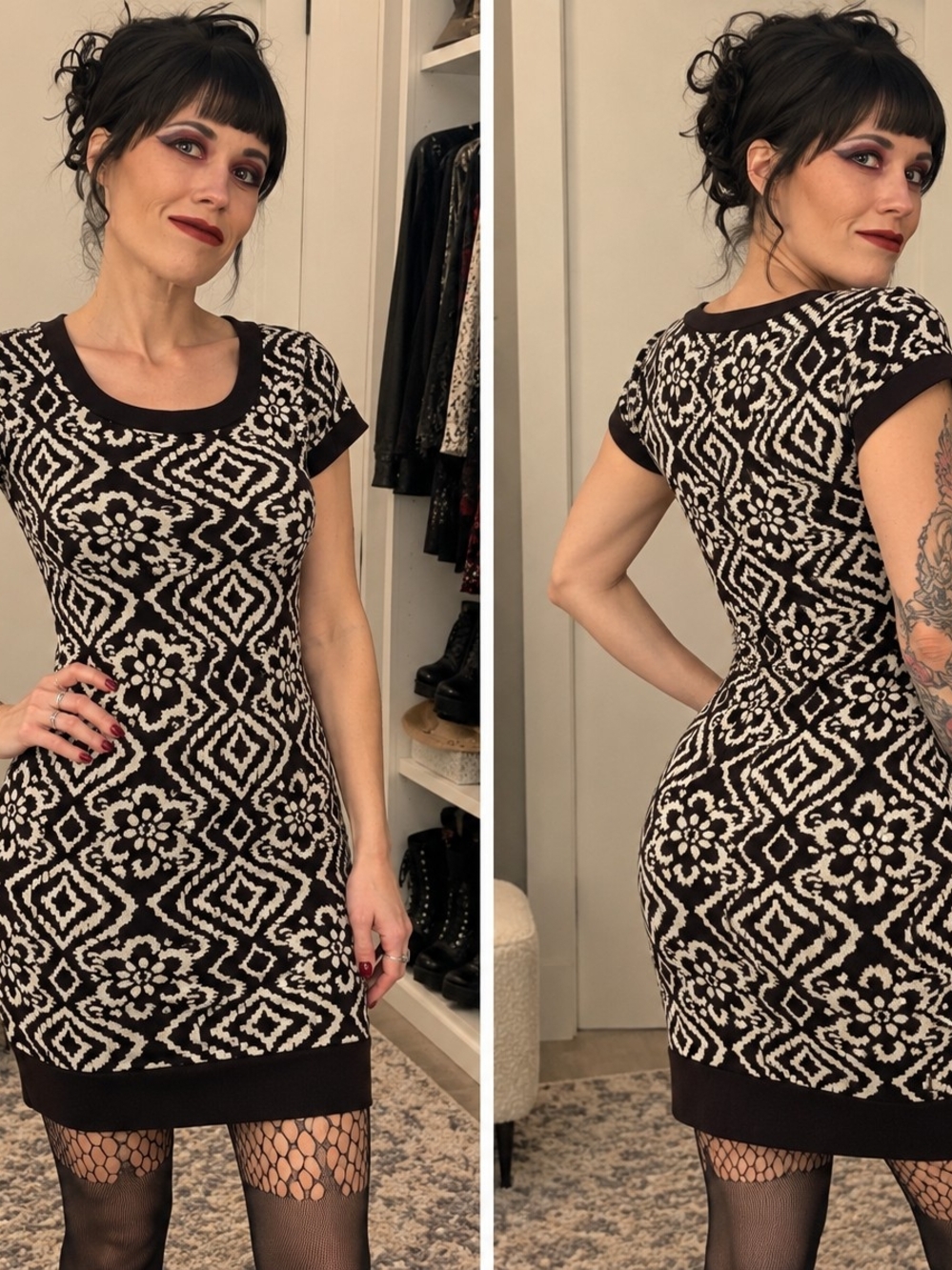 Sweet Storm Black & Cream Geometric Knit Short Sleeve Dress